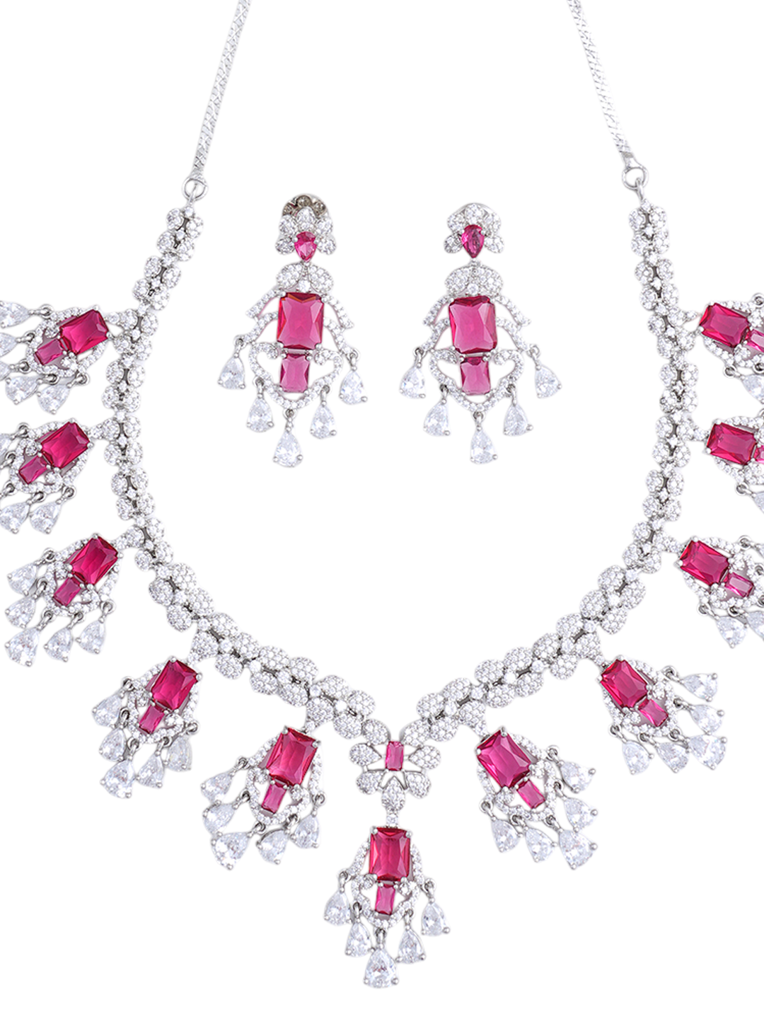 Pink Stone Silver-Tone Necklace & Earrings Set for Women