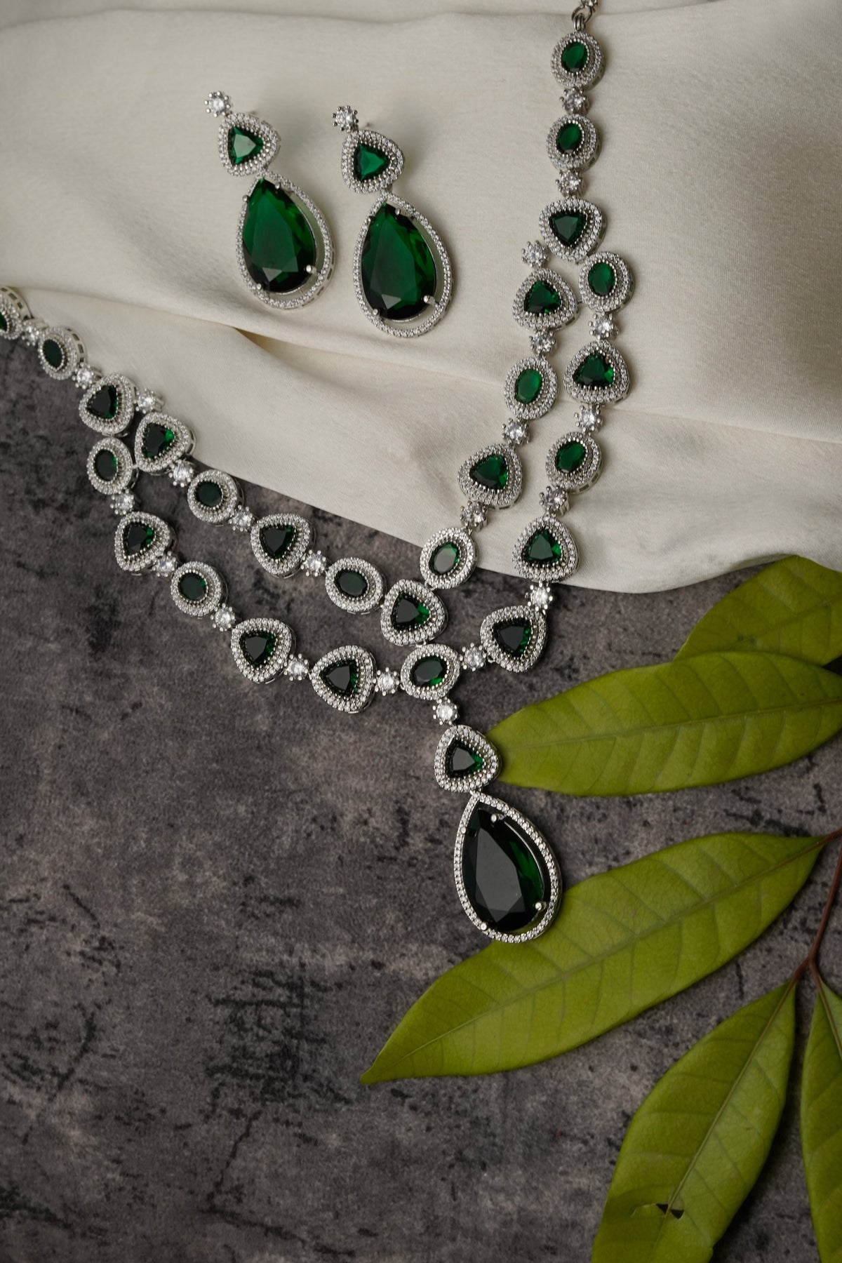 Green Stone Silver-Tone Necklace & Earrings Set for Women