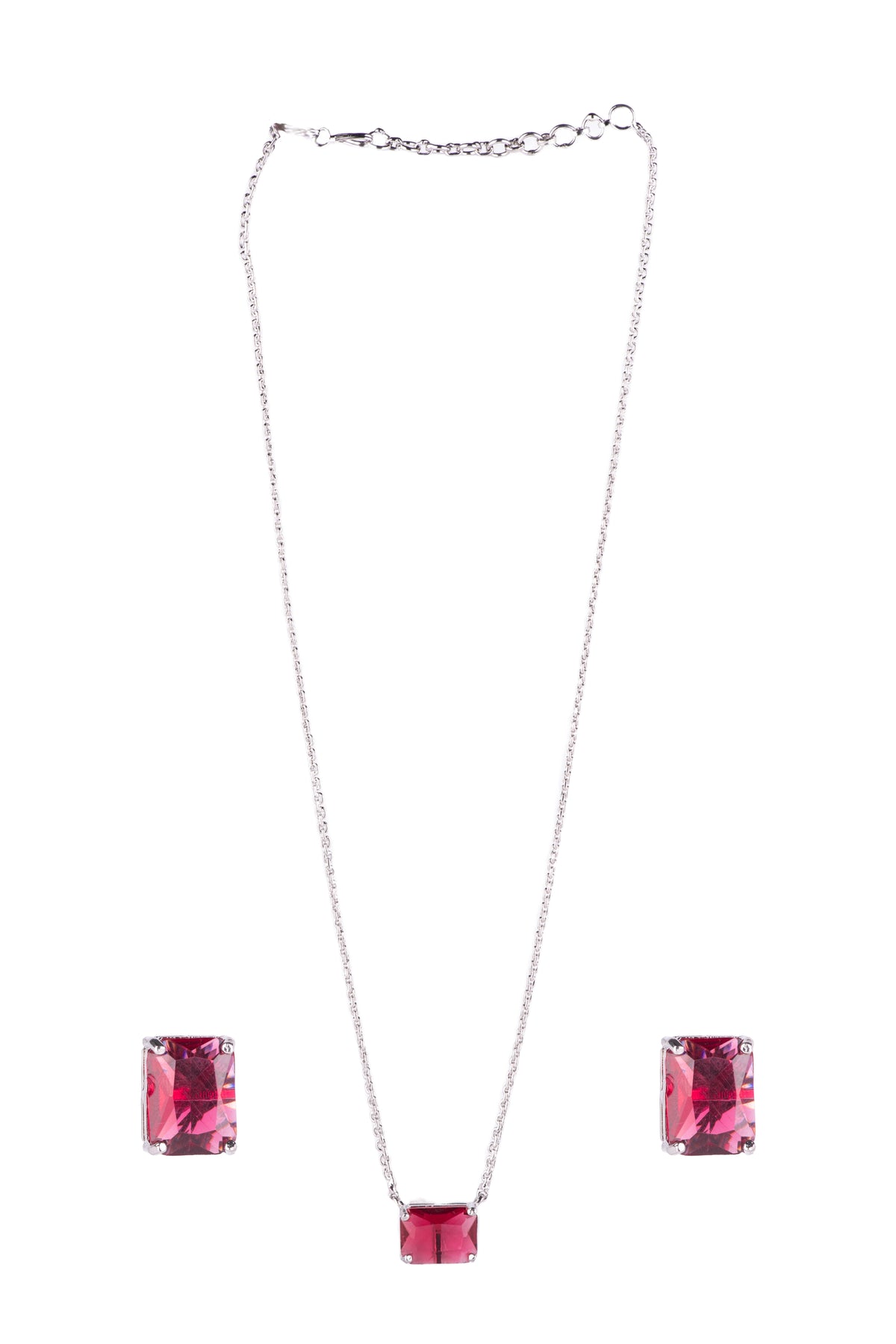 Ruby Red Rectangular Stone Necklace Earrings & Ring Set for Women