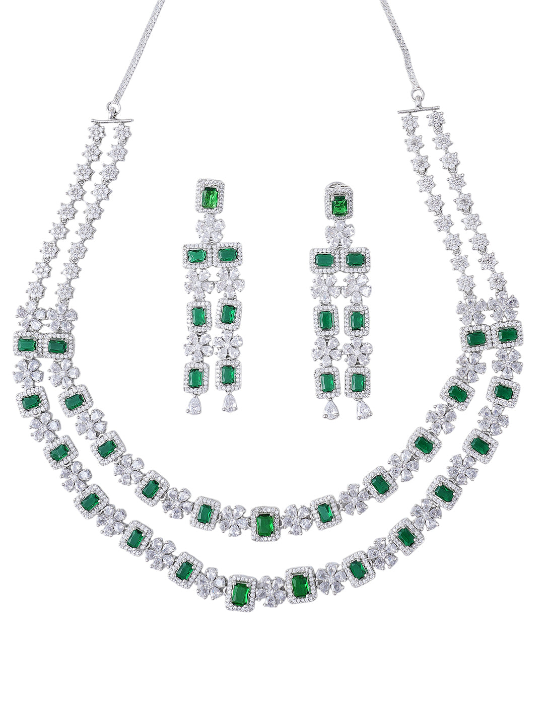 Emerald Green Double-Layer Necklace & Earrings Set for Women