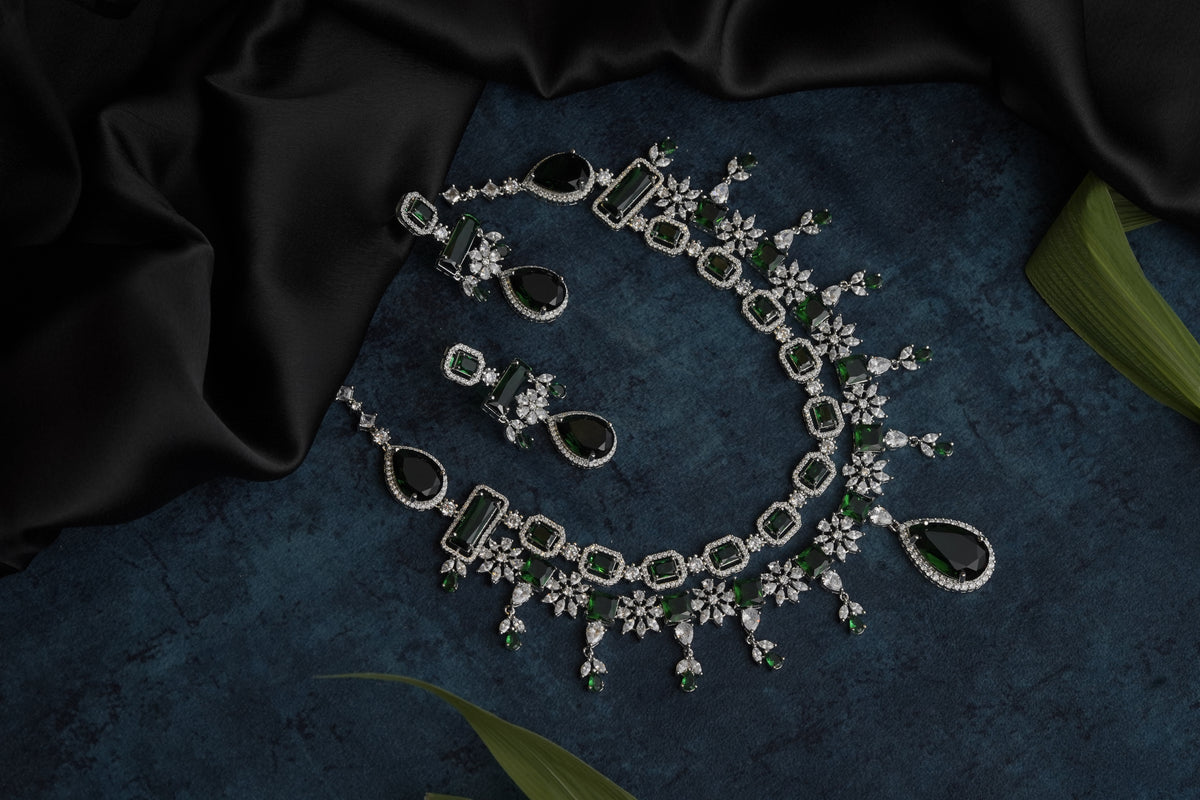 Green & Silver Statement Necklace and Earrings Set for Women