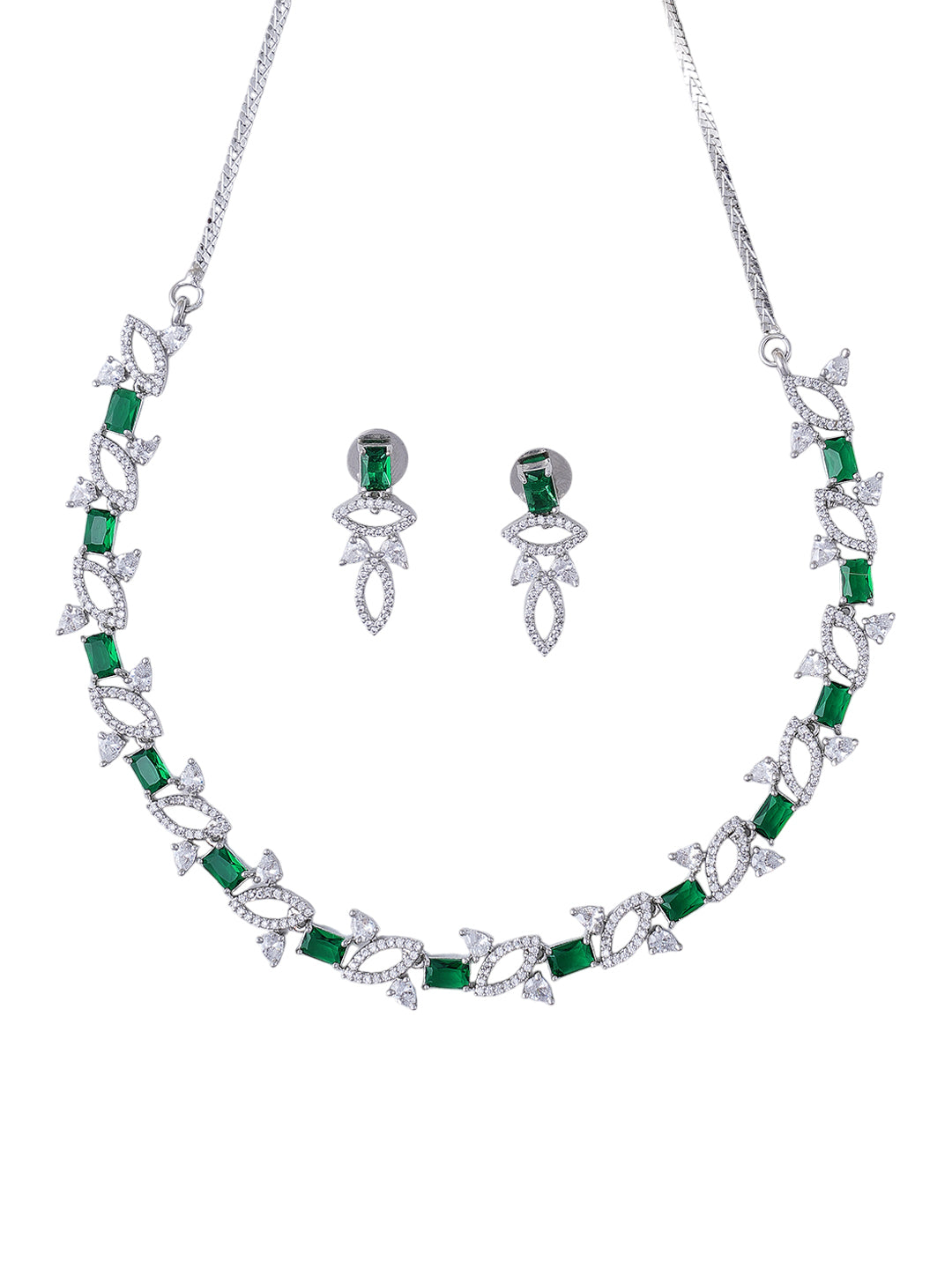 Green & Silver Crystal Necklace and Earrings Set for Women