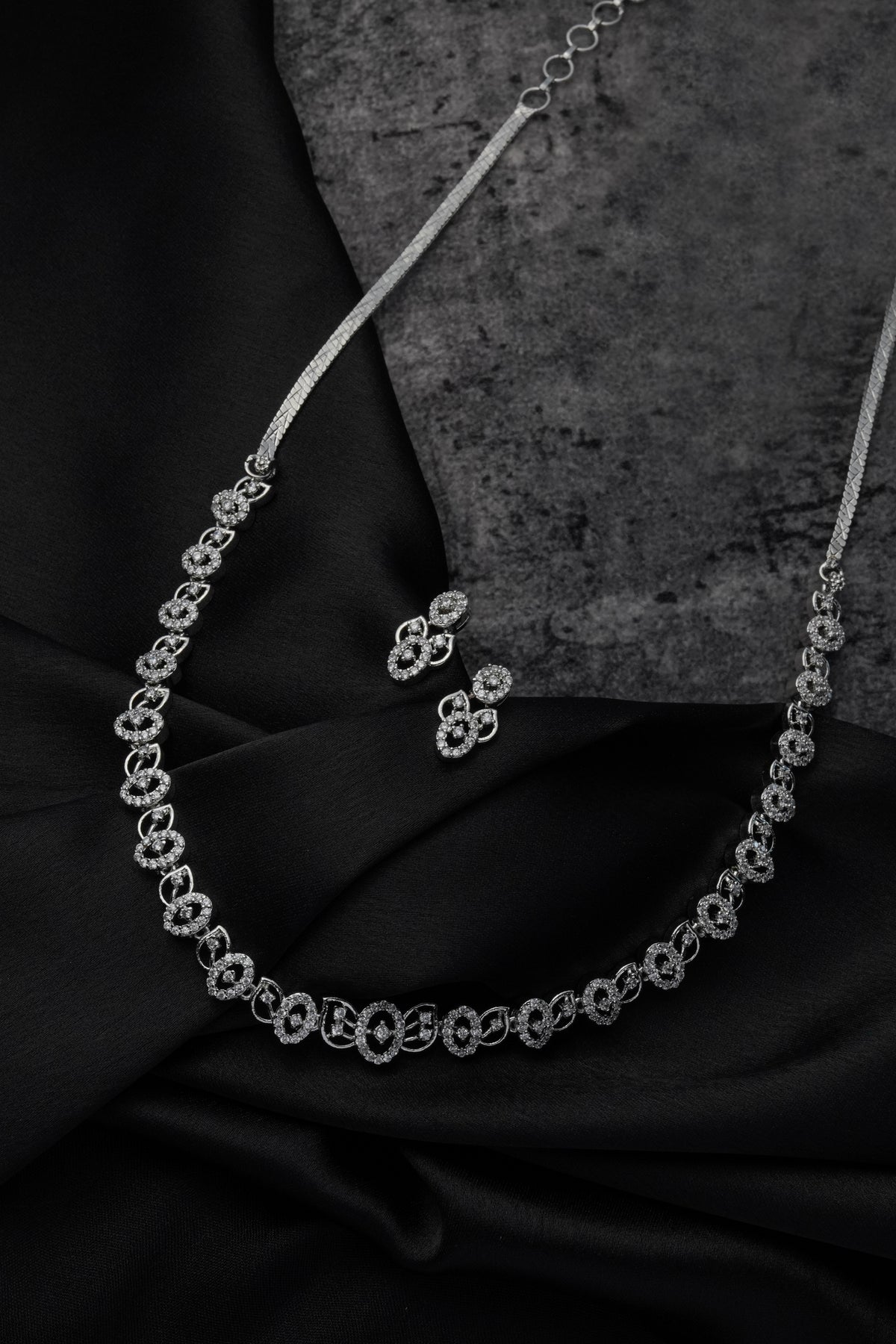 Silver-Tone Crystal Heart Link Necklace & Earrings Set for Women