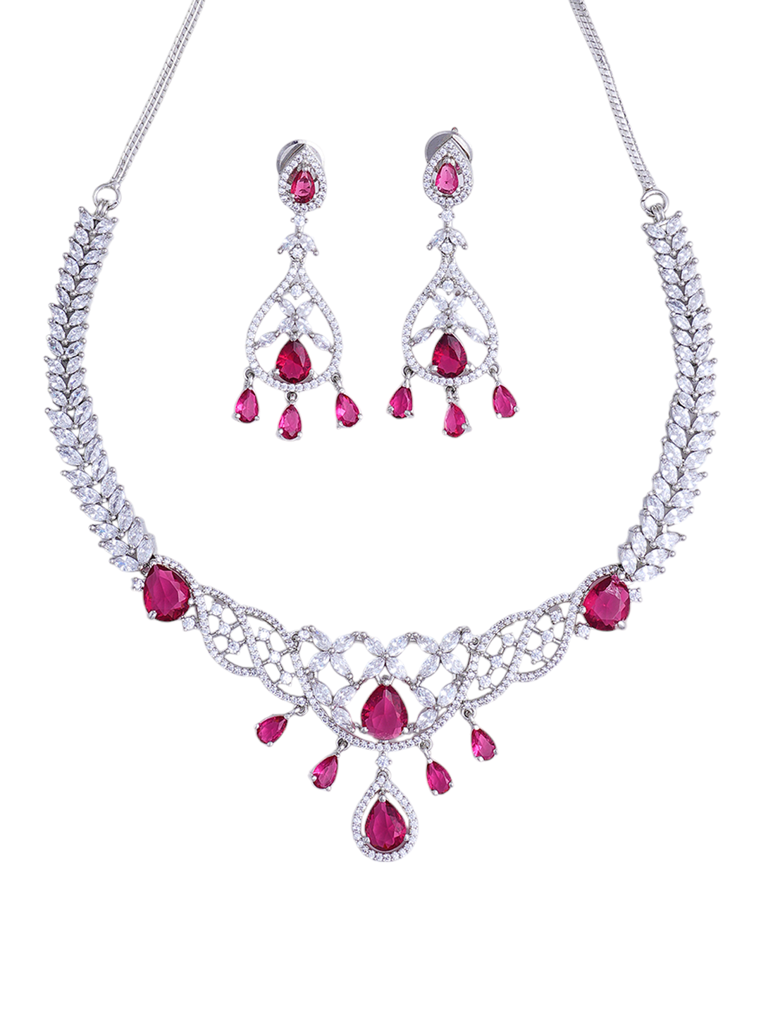Red & Silver Crystal Necklace and Earrings Set for Women