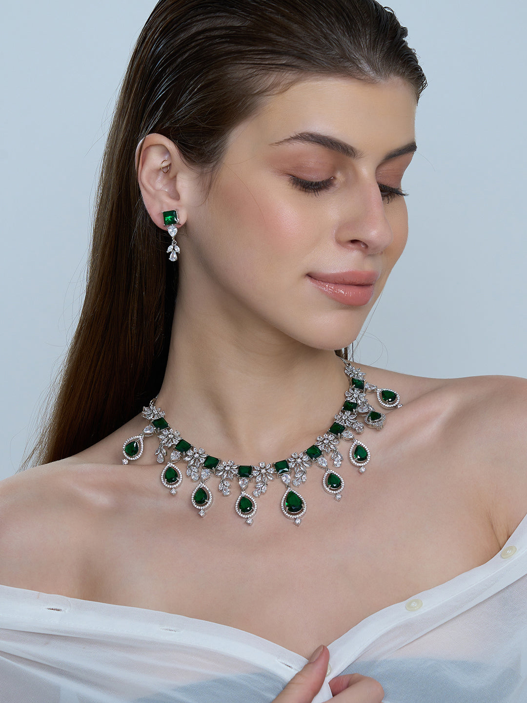 Emerald Green Statement Necklace & Earrings Set with Teardrop Stones