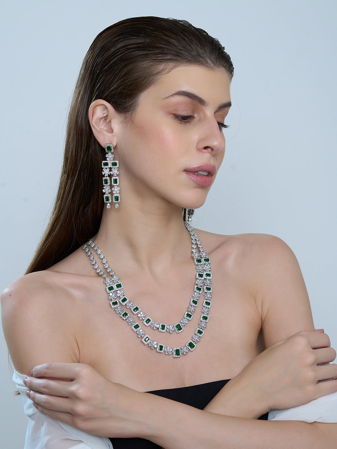 Emerald Green Double-Layer Necklace & Earrings Set for Women