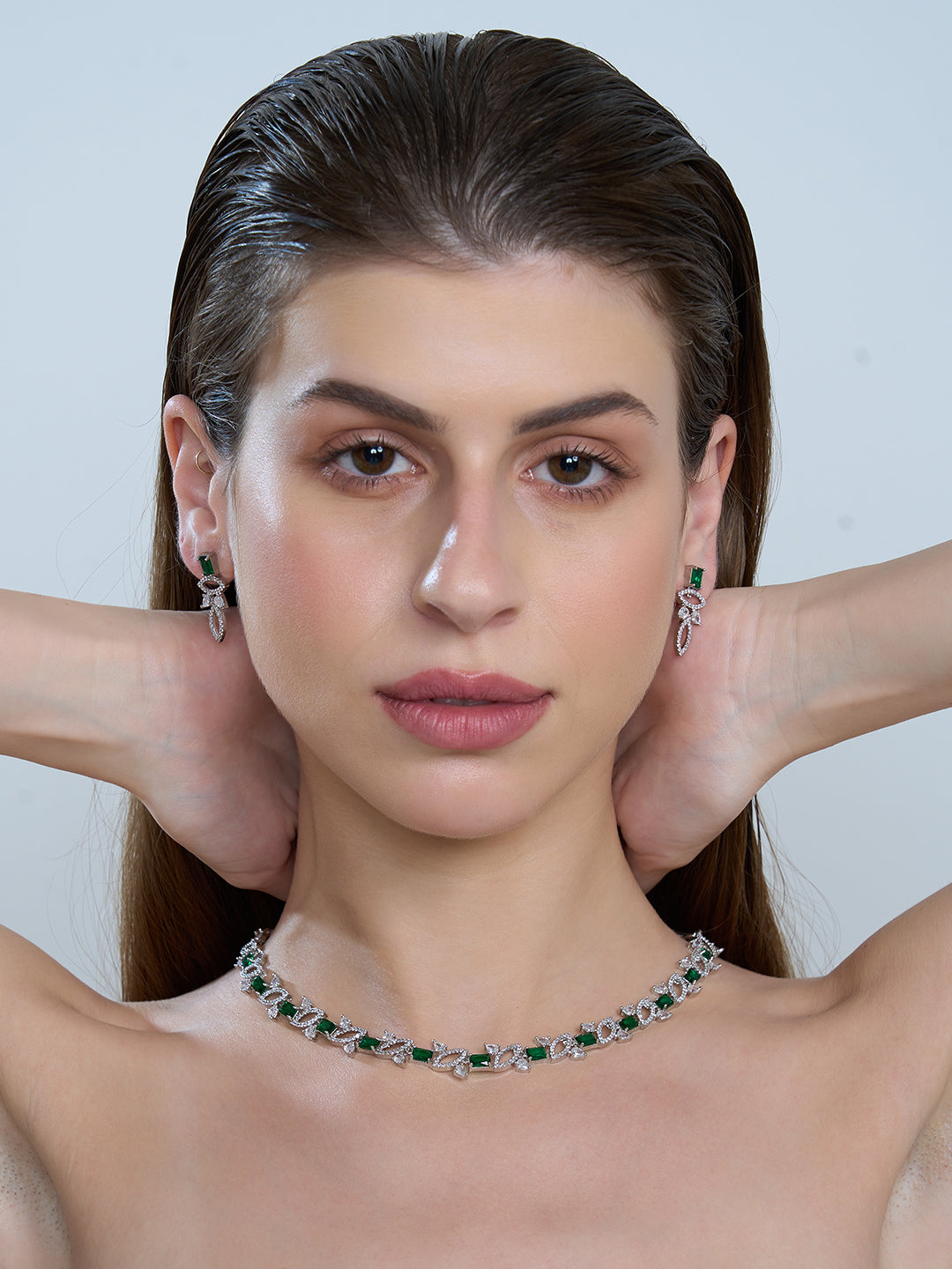 Green & Silver Crystal Necklace and Earrings Set for Women