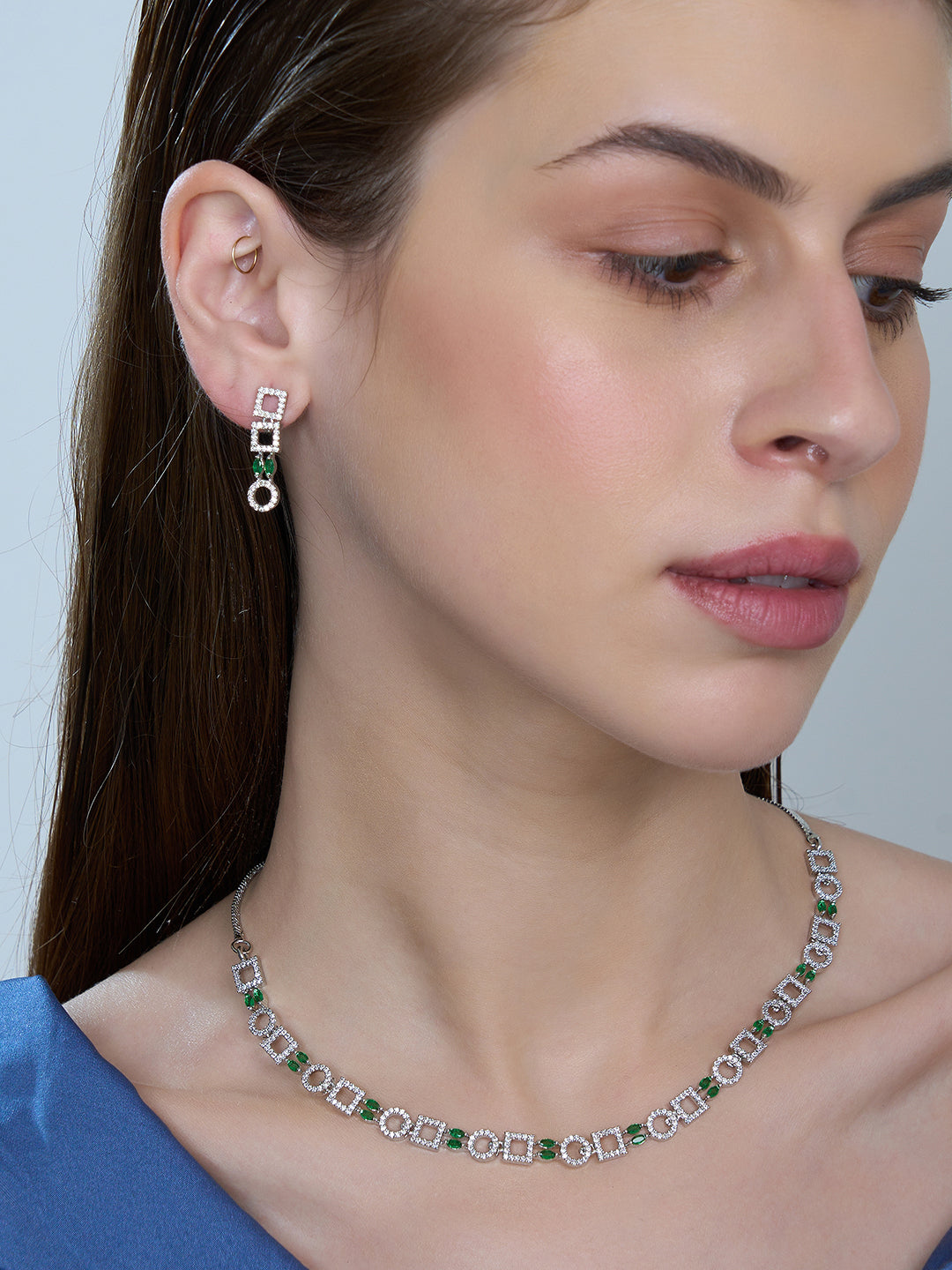 Emerald Green Geometric Necklace & Earrings Set for Women