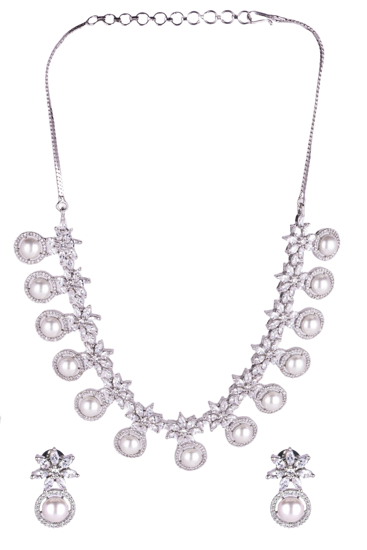 Silver-Tone Floral Pearl Necklace & Earrings Set for Women