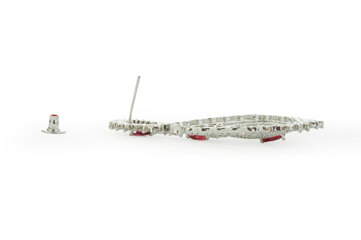 Silver-Tone Red Stone Teardrop Statement Earrings for Women