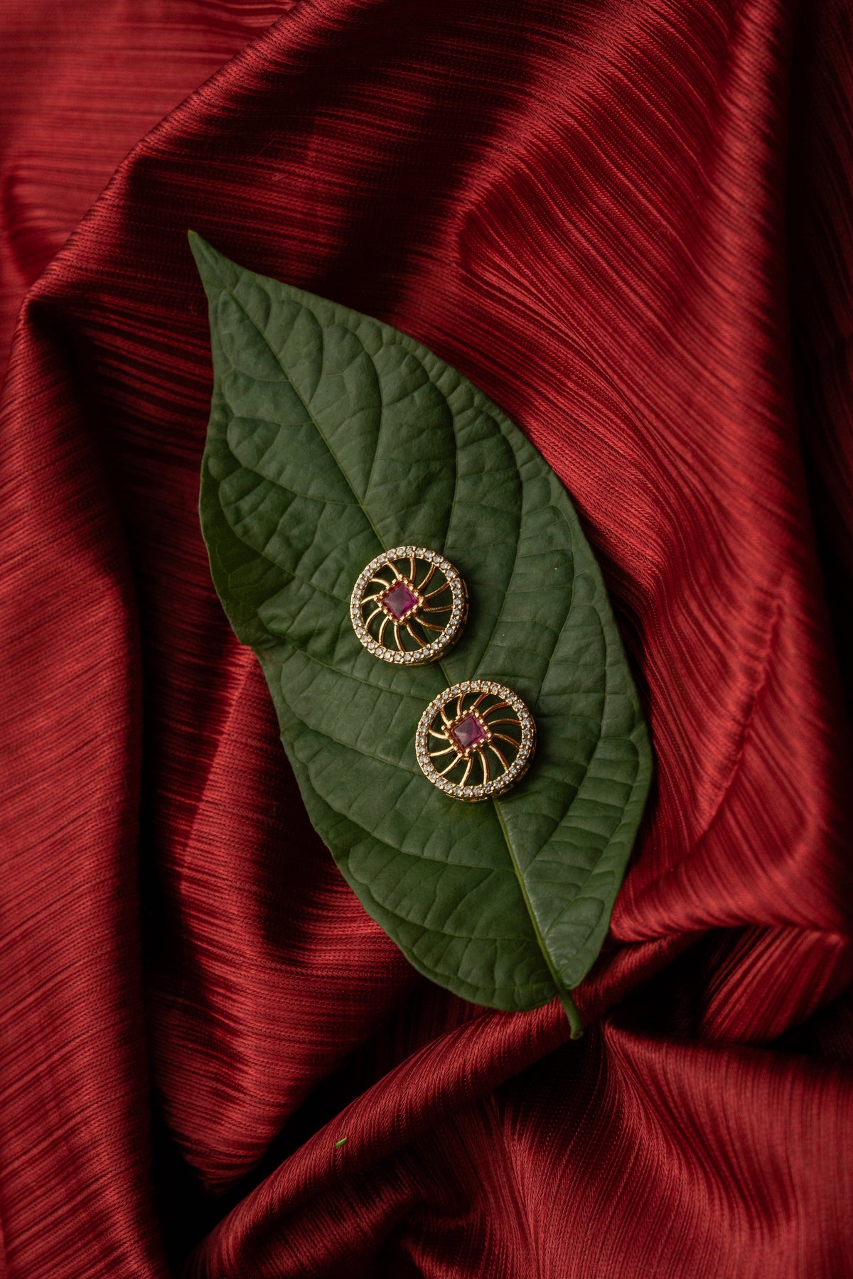 Gold-Tone Red Stone Round Stud Earrings for Women