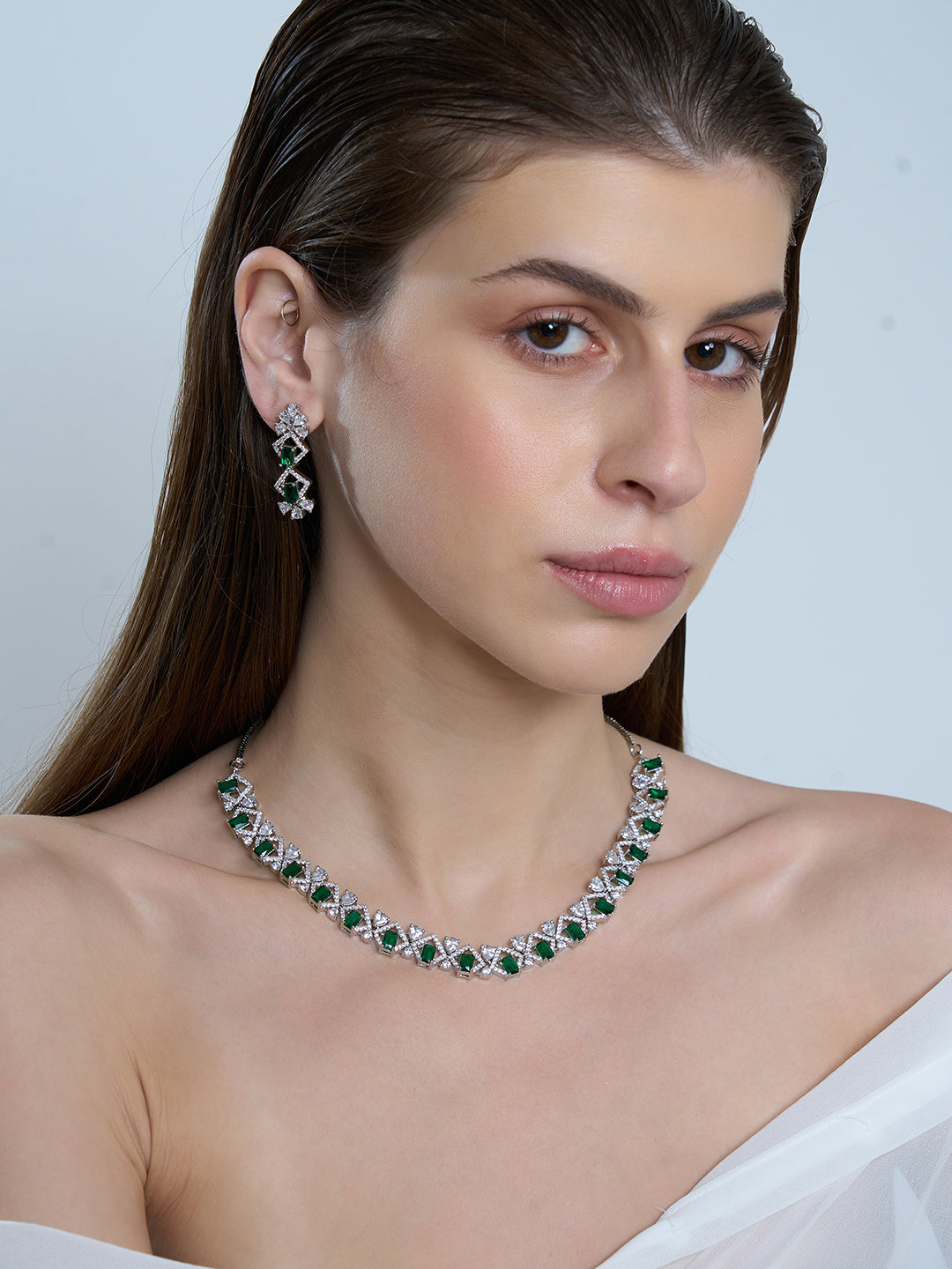 Green Stone Crystal Necklace & Earrings Set for Women