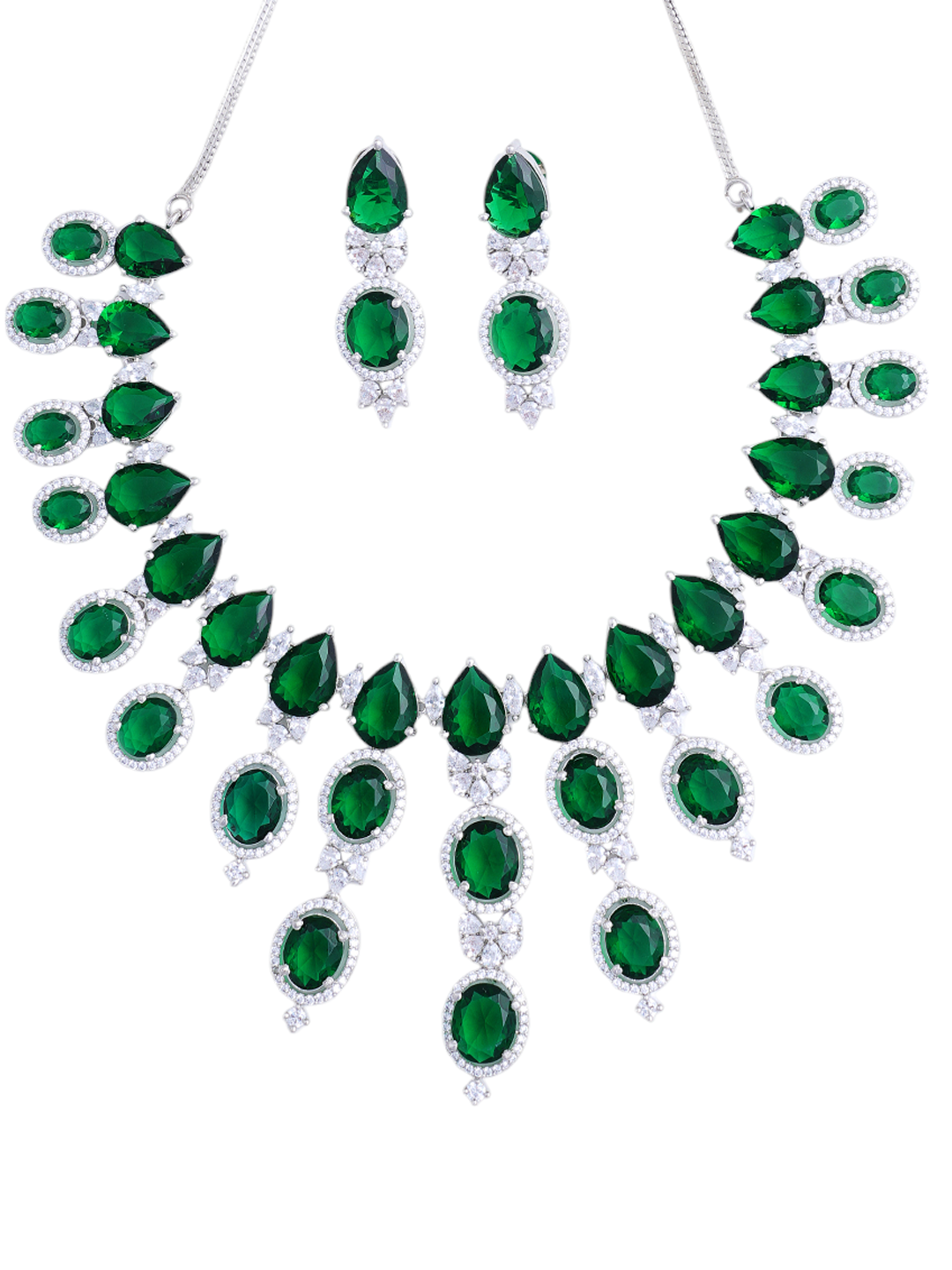 Green Emerald-Style Statement Necklace & Earrings Set for Women