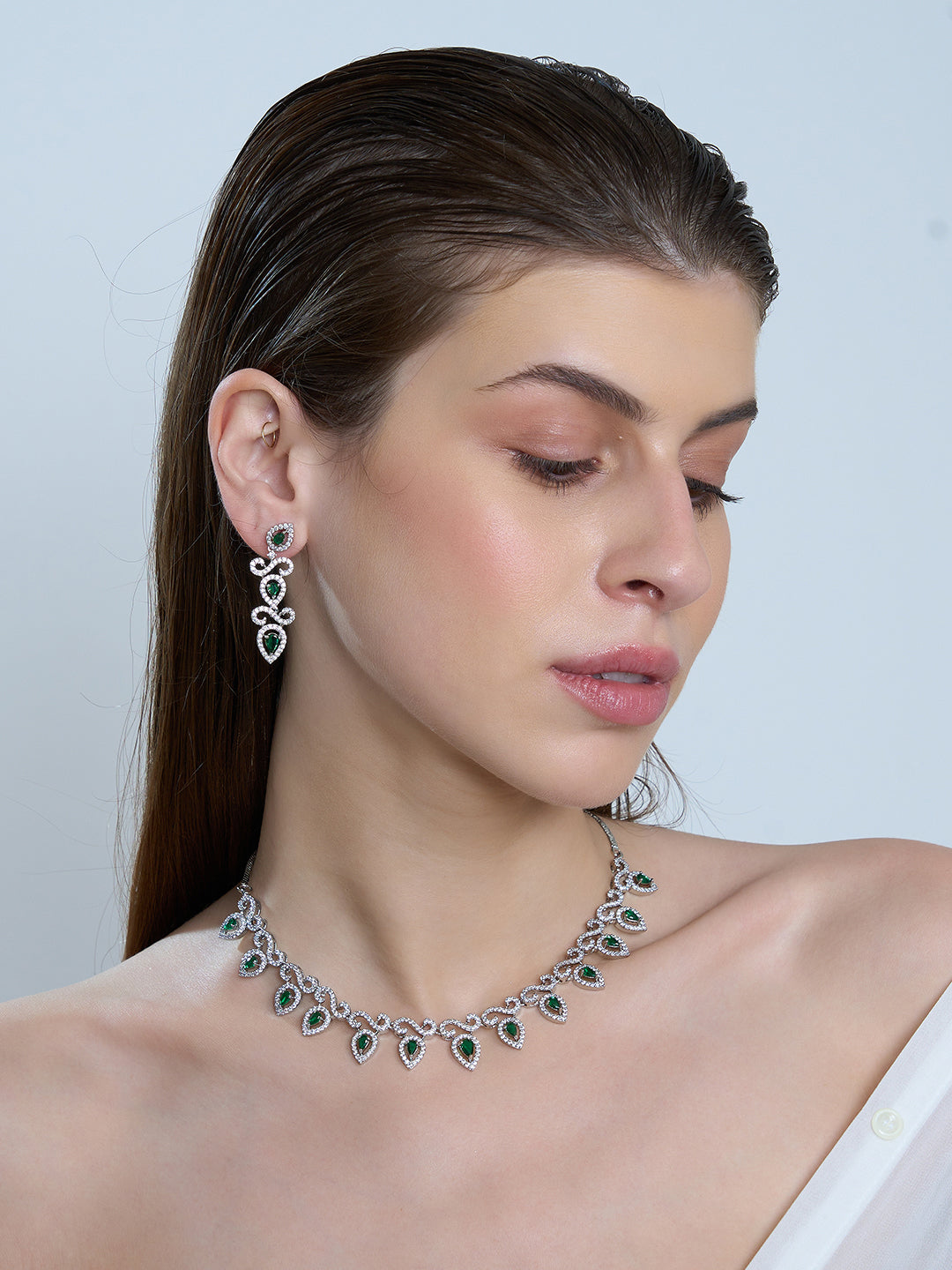 Emerald Green Teardrop Necklace & Earrings Set for Women