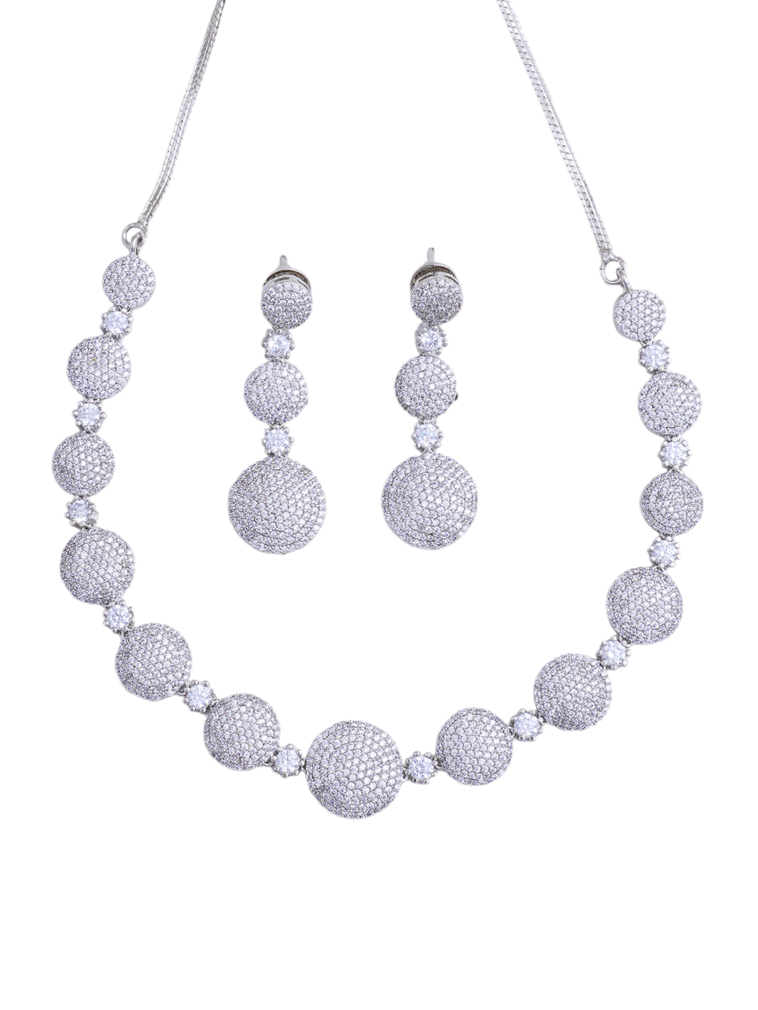 Silver-Tone Round CZ Necklace & Earrings Set for Women