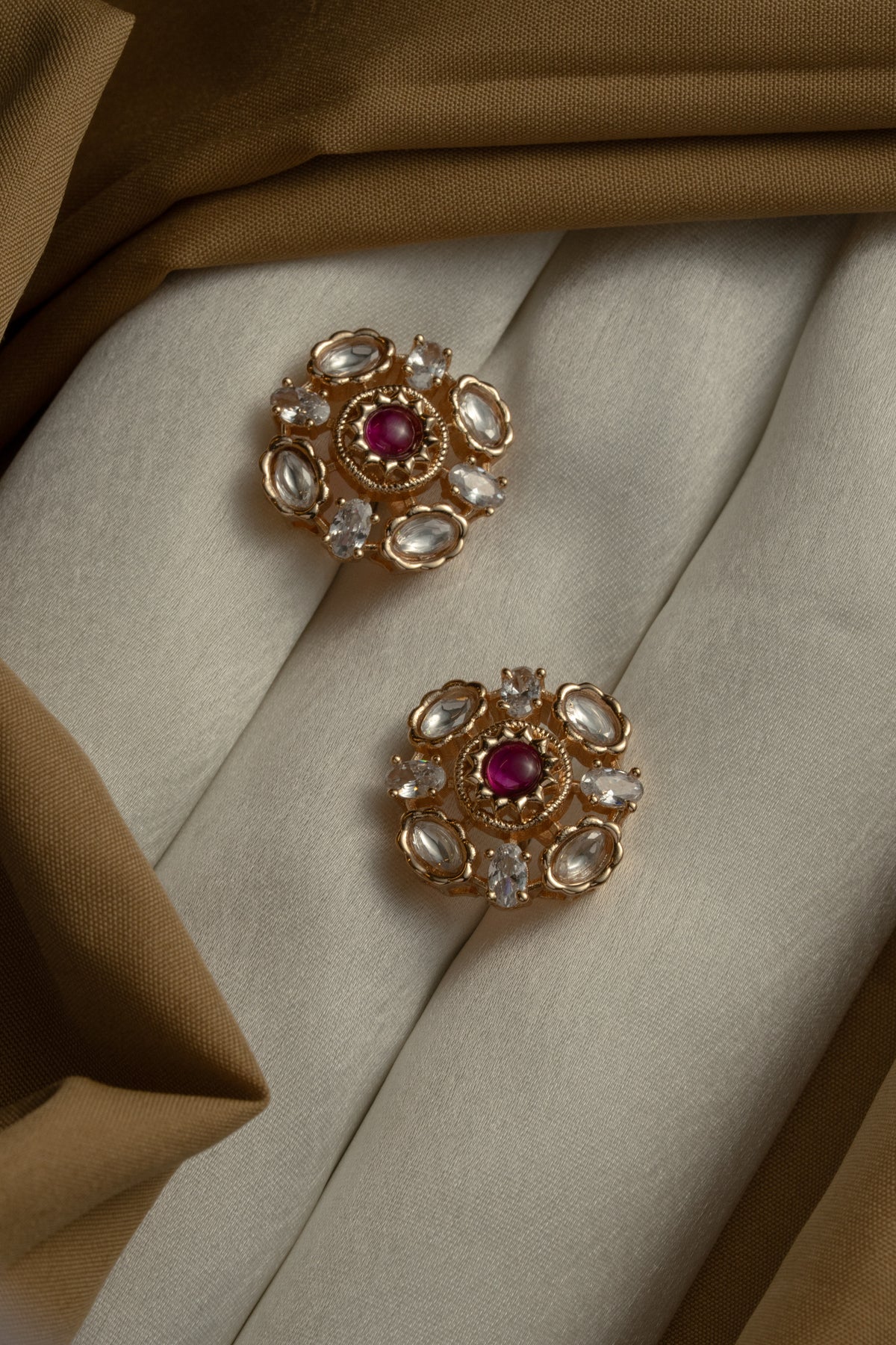 Ruby Red Floral Gold-Tone Crystal Stud Earrings for Women