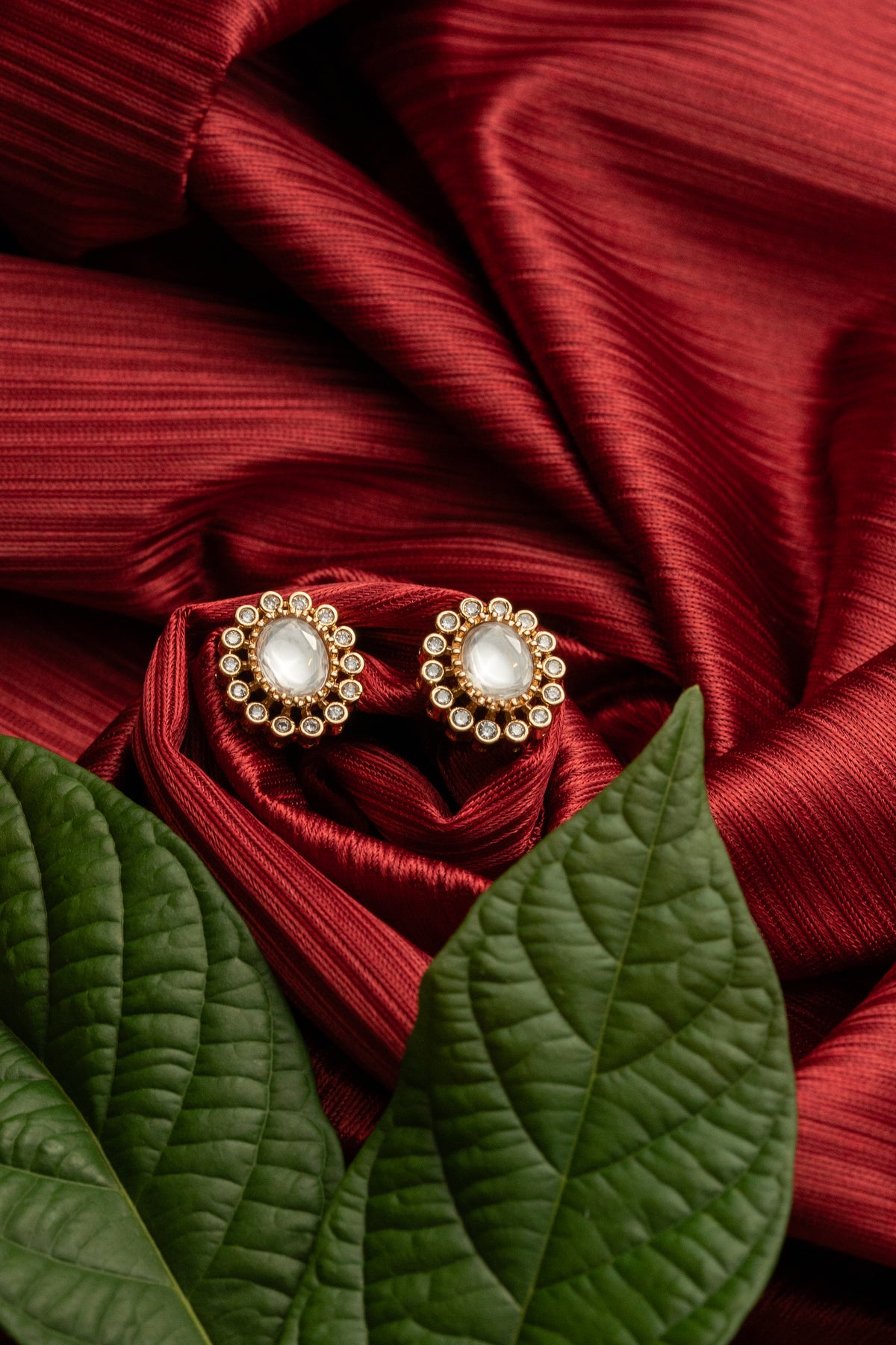 White Oval Stone Floral Gold-Tone Stud Earrings for Women