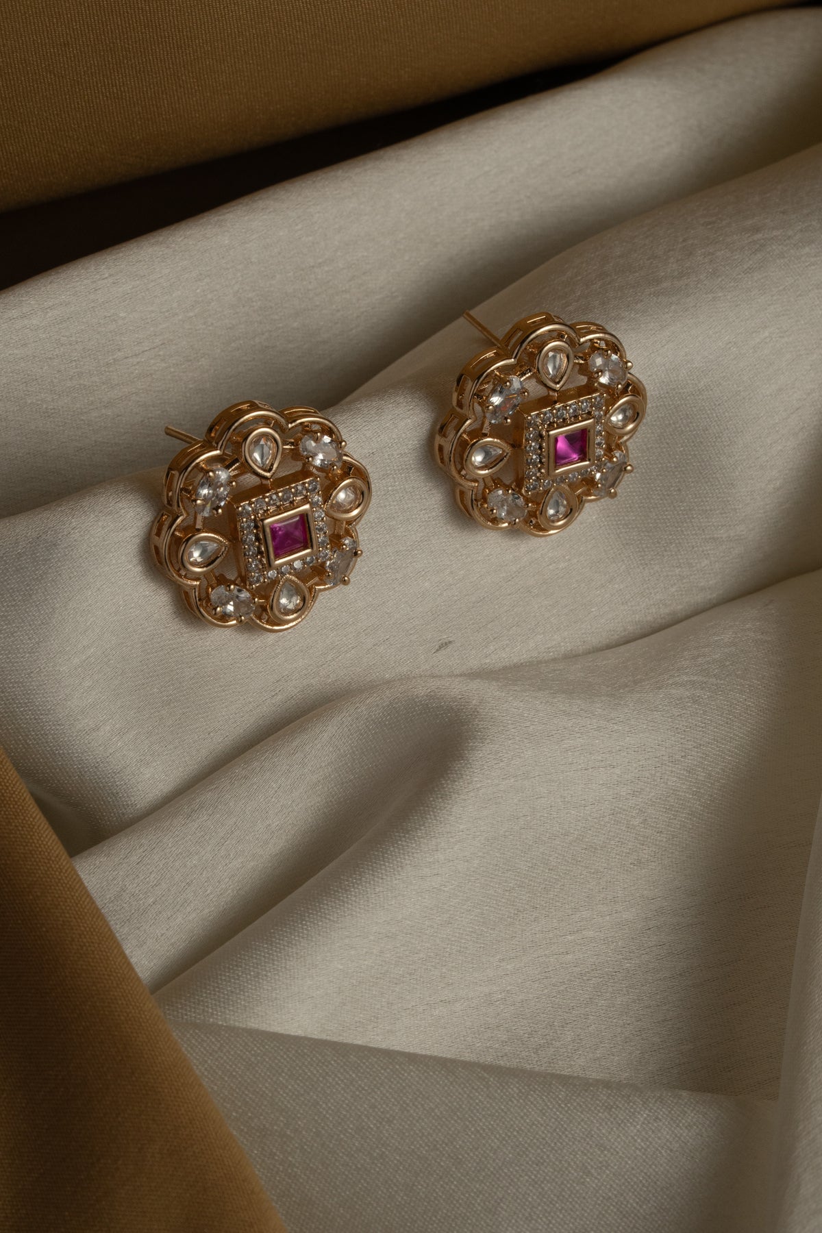 Ruby Pink Floral Gold-Tone Stud Earrings for Women