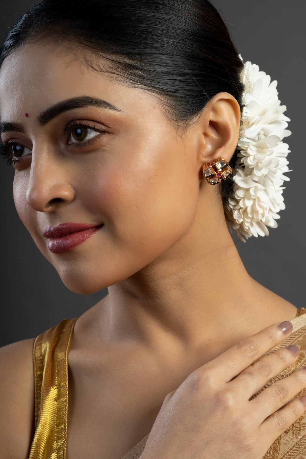 Gold-Tone Square Stud Earrings with Pink Centre Stone for Women