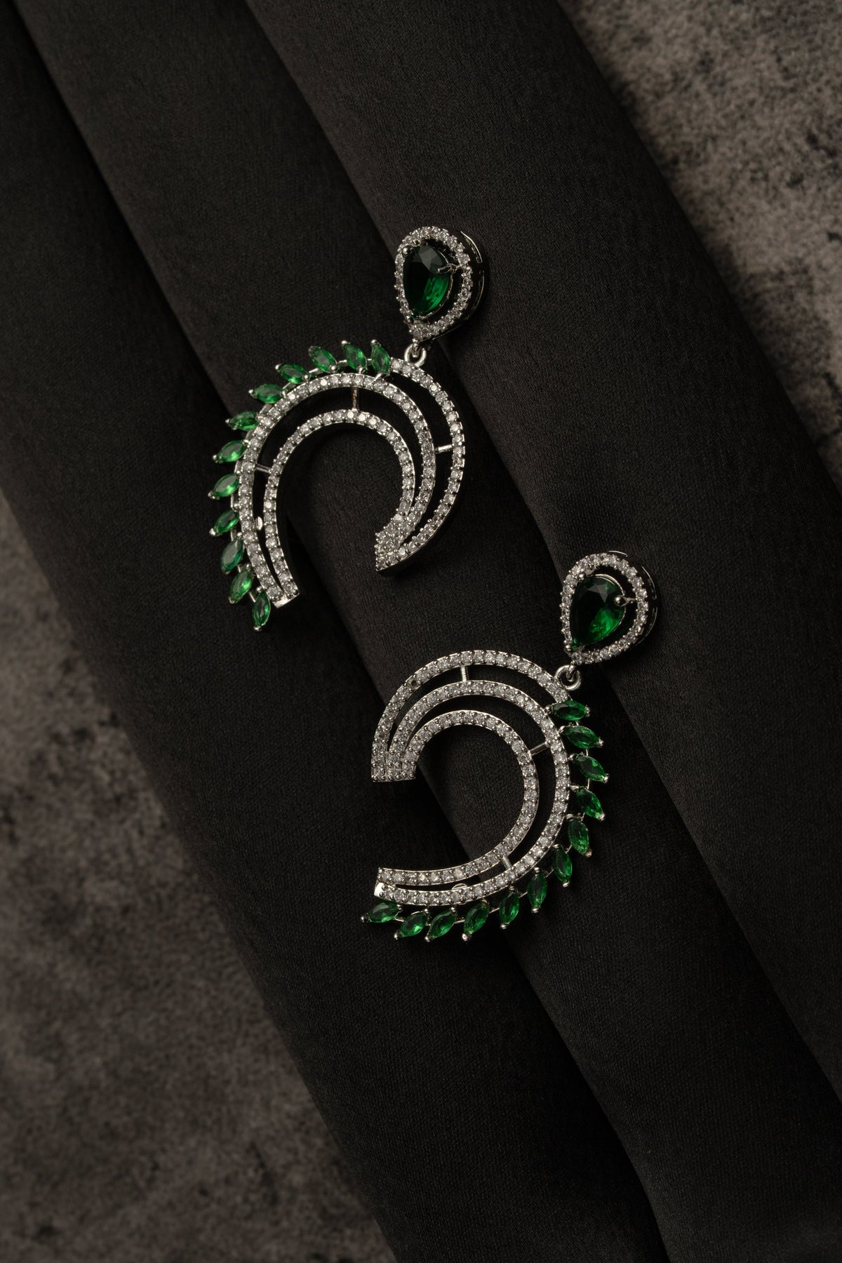 Green Stone Silver-Tone Crescent Drop Earrings for Women