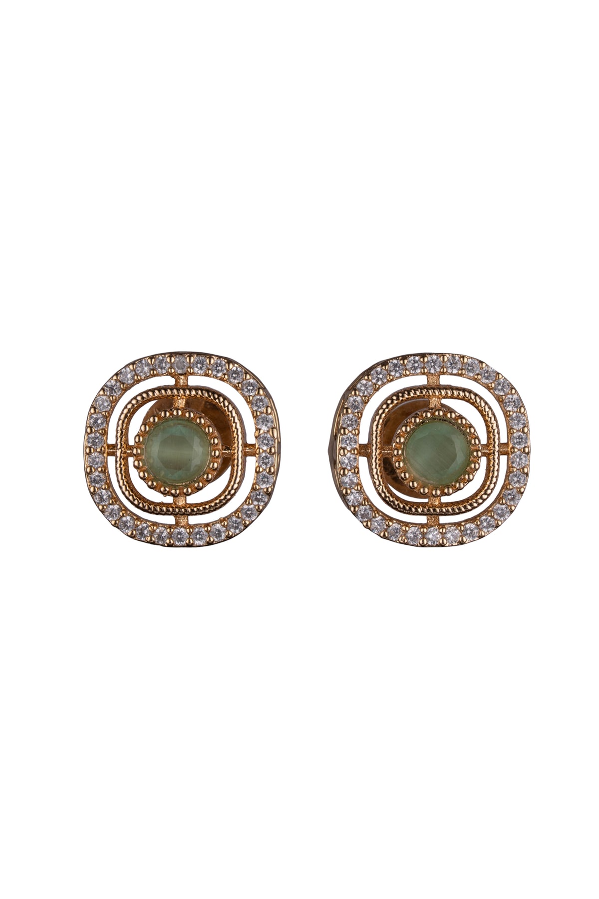 Green Stone Gold-Tone Square Stud Earrings for Women