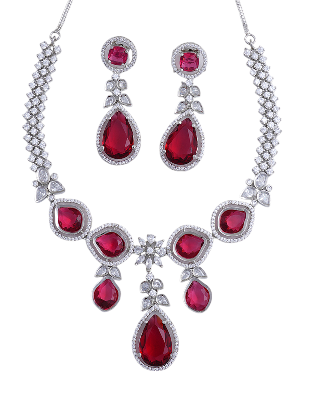 Ruby Red Statement Necklace & Earrings Set with Teardrop Stones