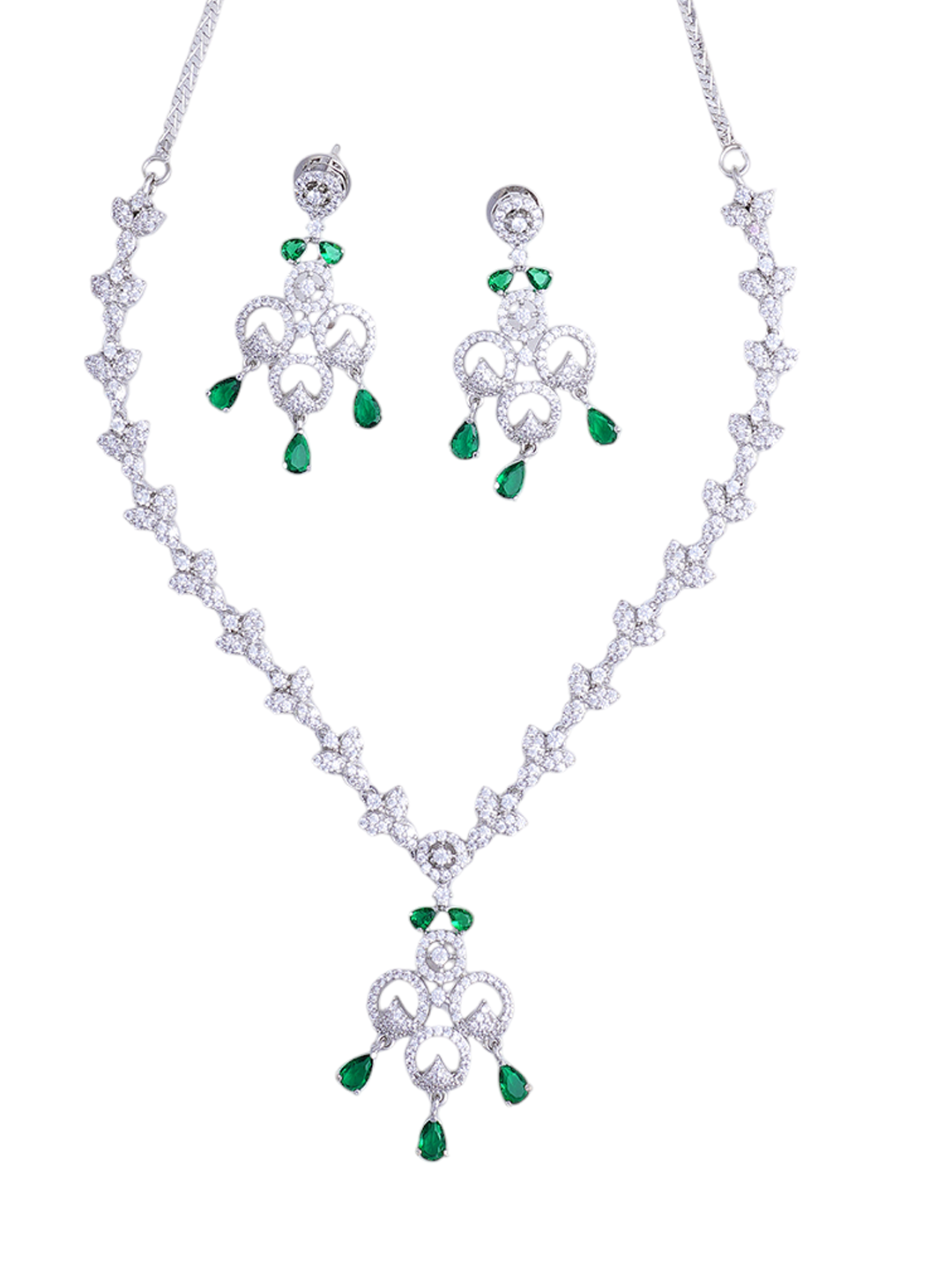 Green & Silver CZ Necklace & Earrings Set for Women