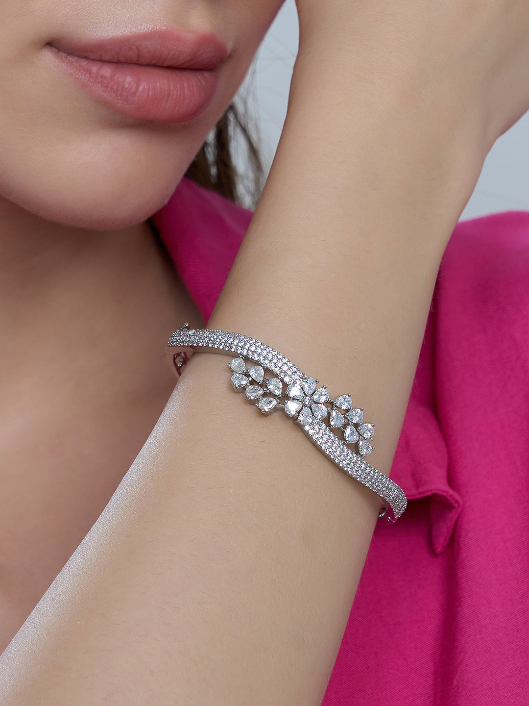 Silver-Tone Crystal Floral Cuff Bracelet for Women