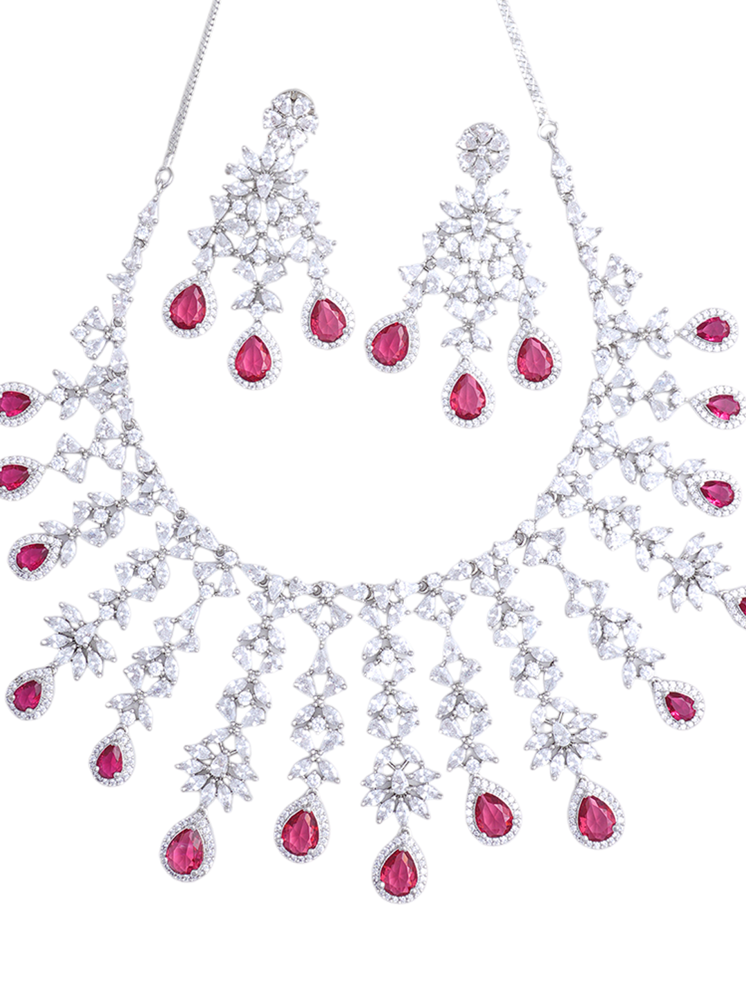 Silver Crystal Pink Stone Statement Necklace & Earrings Set for Women