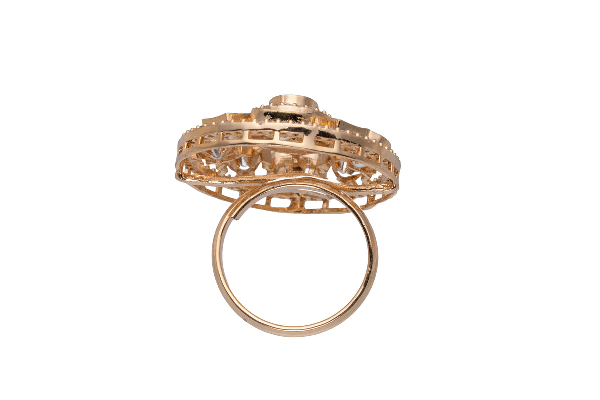 Gold-Tone Floral Statement Ring with Green Center Stone and Clear Accents for Women