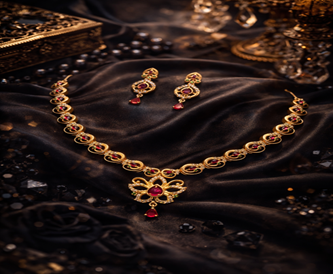 Kayrah Gold Tone Ruby Red Stone Necklace Set with Earrings