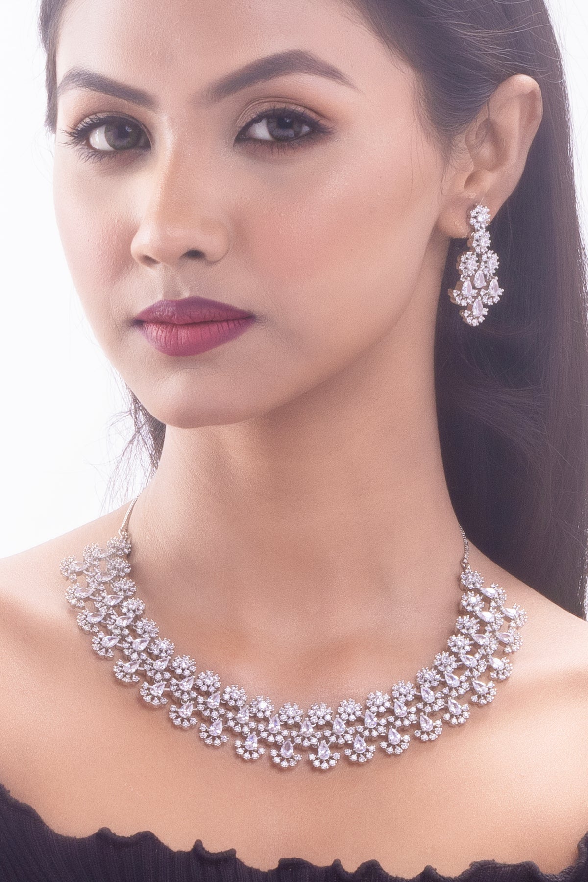 Silver Floral Crystal Necklace & Earrings Set for Women