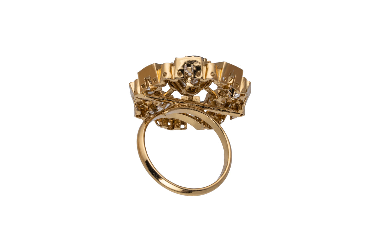 Gold Floral Statement Ring with Green Center Stone for Women