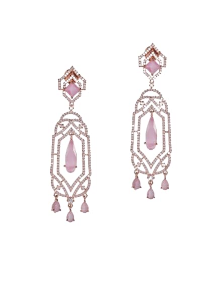 Rose Gold Plated Pink Stone Drop Earrings for Women | Geometric Fashion Jewellery Earrings for Girls | Stylish Dangle Earrings Gift for Women