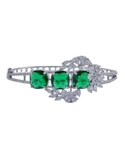 KAYRAH Silver Toned Green Stone Floral Statement Bracelet for Women