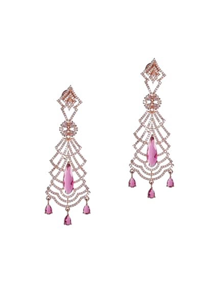 Rose Gold Plated Pink Stone Chandelier Earrings for Women | Long Dangle Fashion Jewellery Earrings for Girls | Stylish Statement Earrings Gift for Women