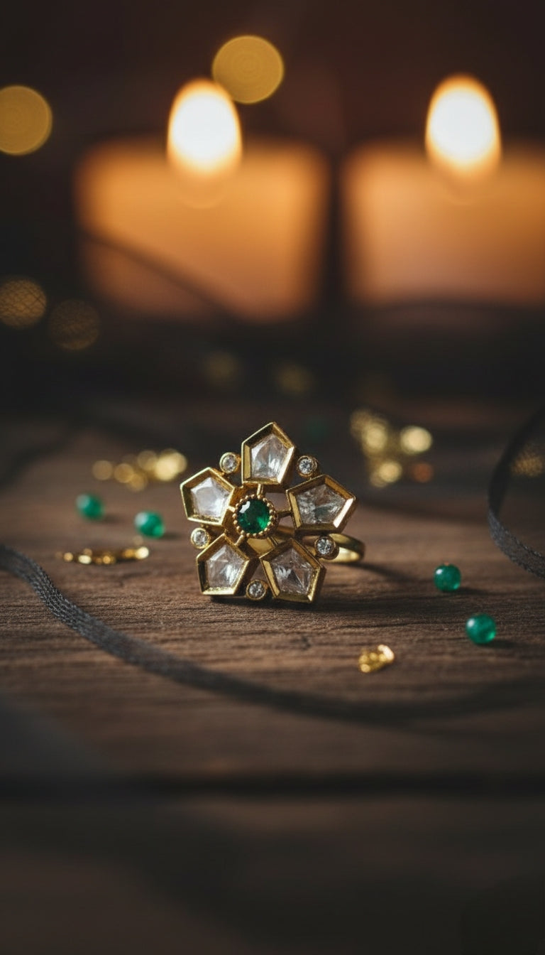 Gold-Tone Floral Statement Ring with Green Center Stone for Women