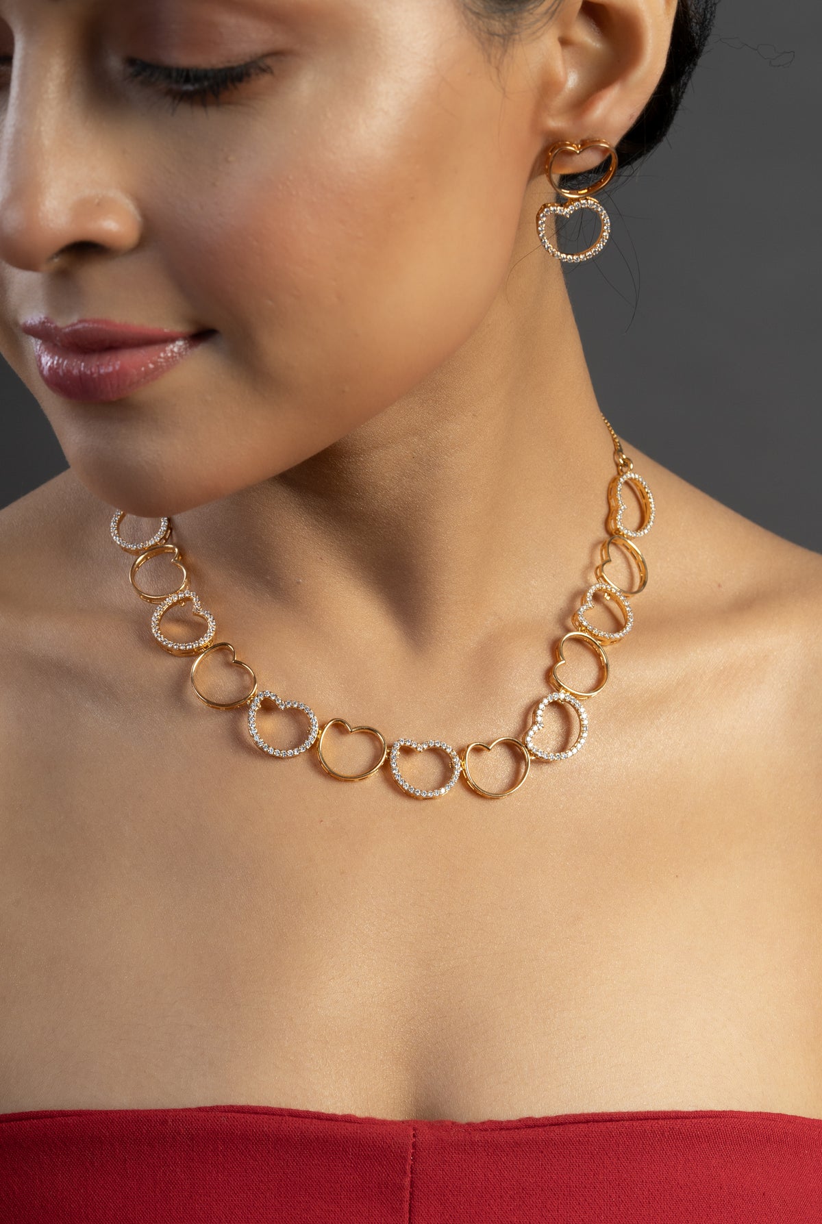 Gold-Tone Heart Link Necklace & Earrings Set for Women