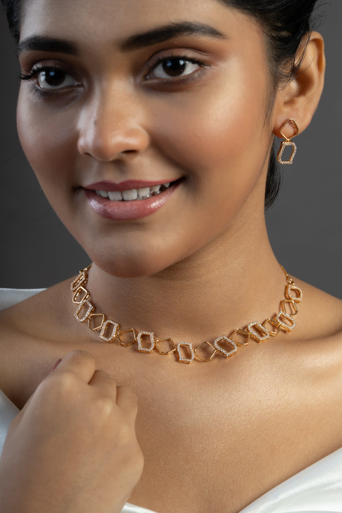 Gold-Tone Geometric Necklace & Earrings Set for Women
