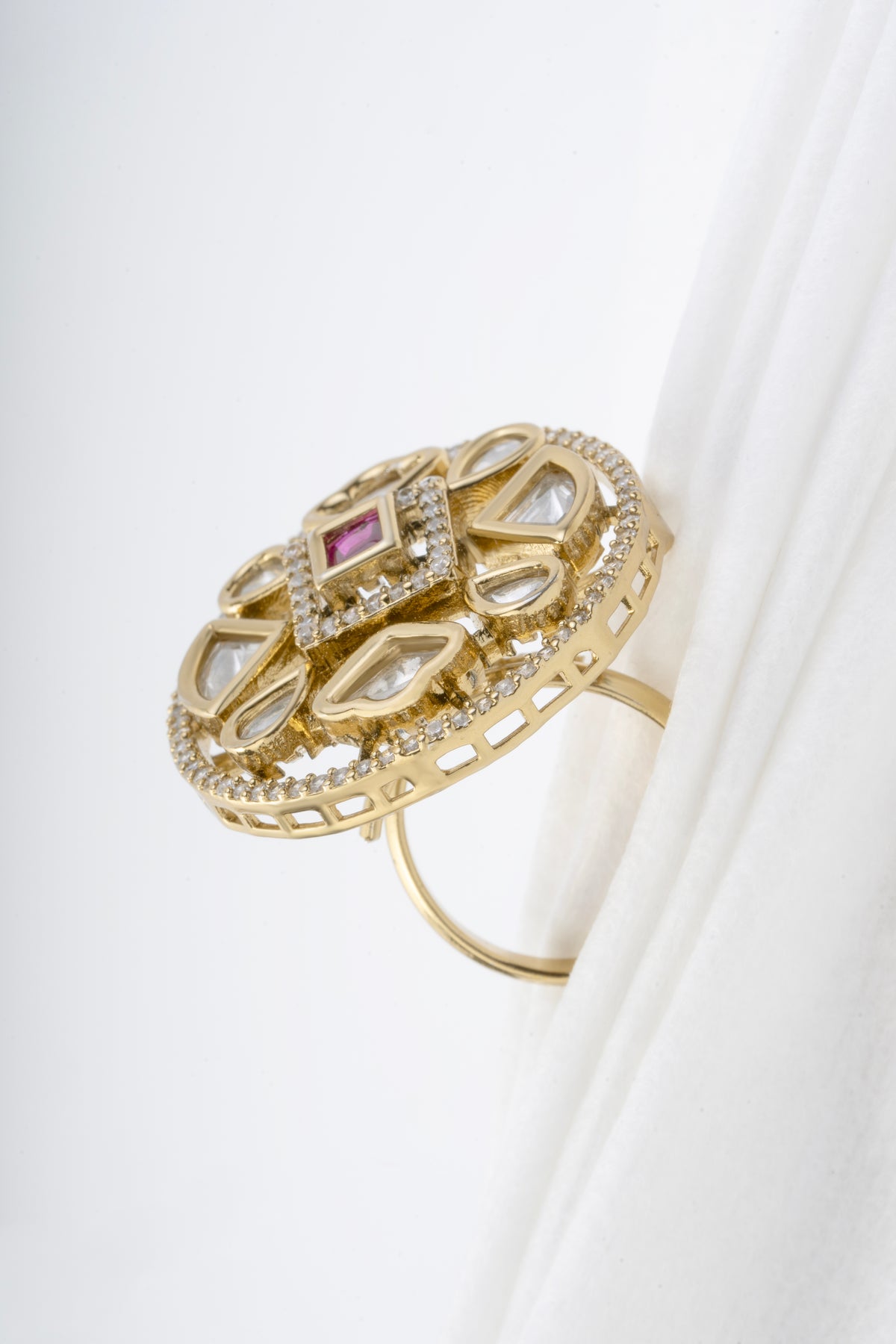 Gold Tone Floral Statement Ring with Pink Center Stone and Clear Accents for Women