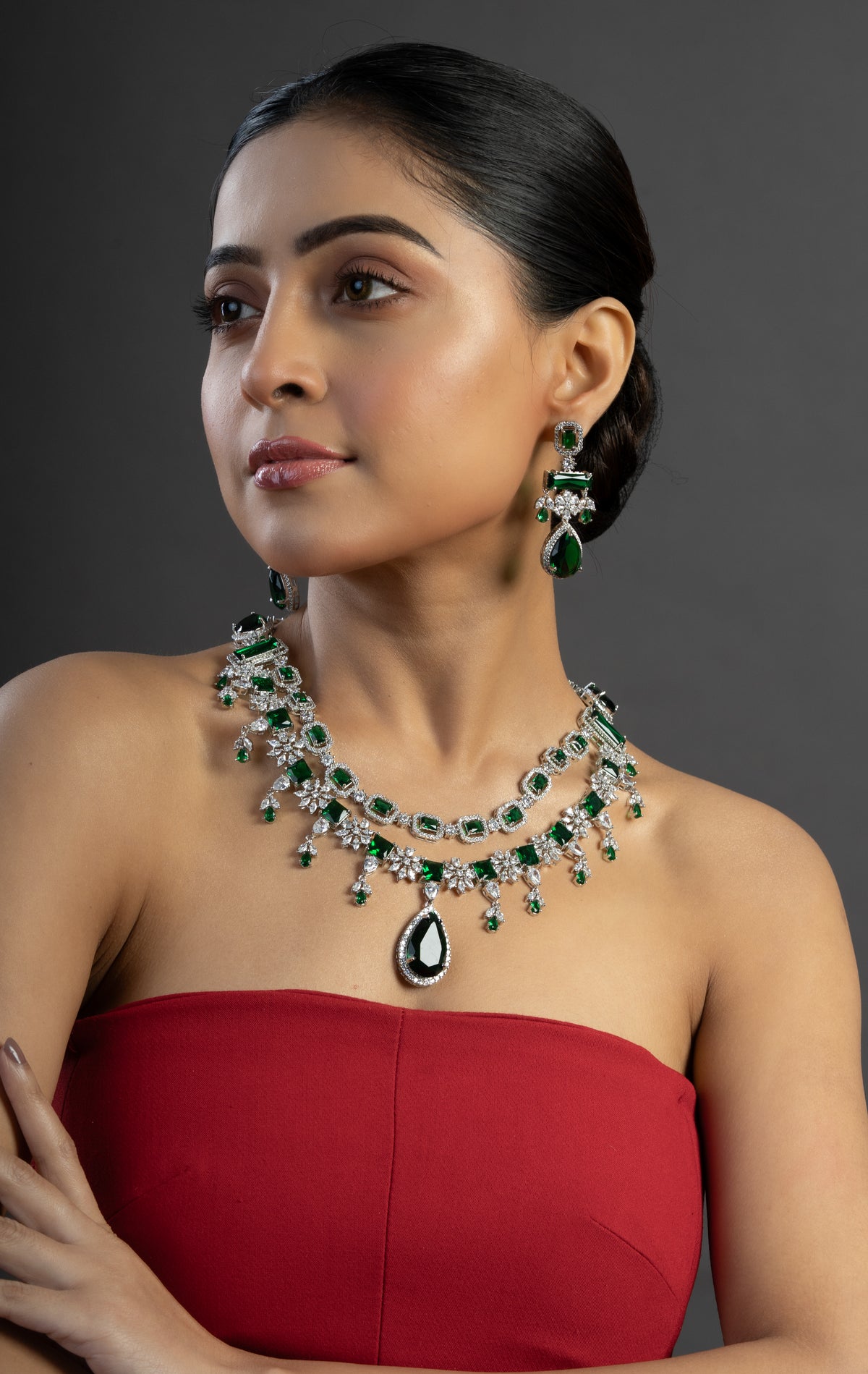 Green & Silver Statement Necklace and Earrings Set for Women