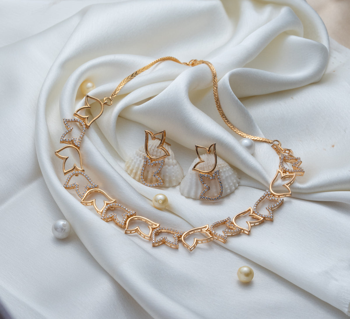 Gold-Tone Heart Link Necklace & Earrings Set for Women
