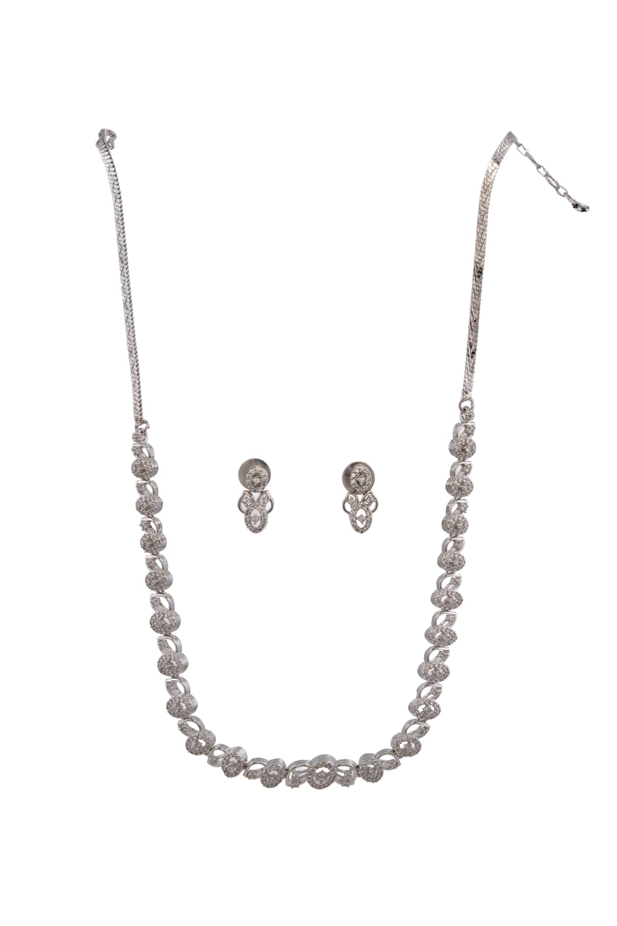 Silver-Tone Crystal Heart Link Necklace & Earrings Set for Women