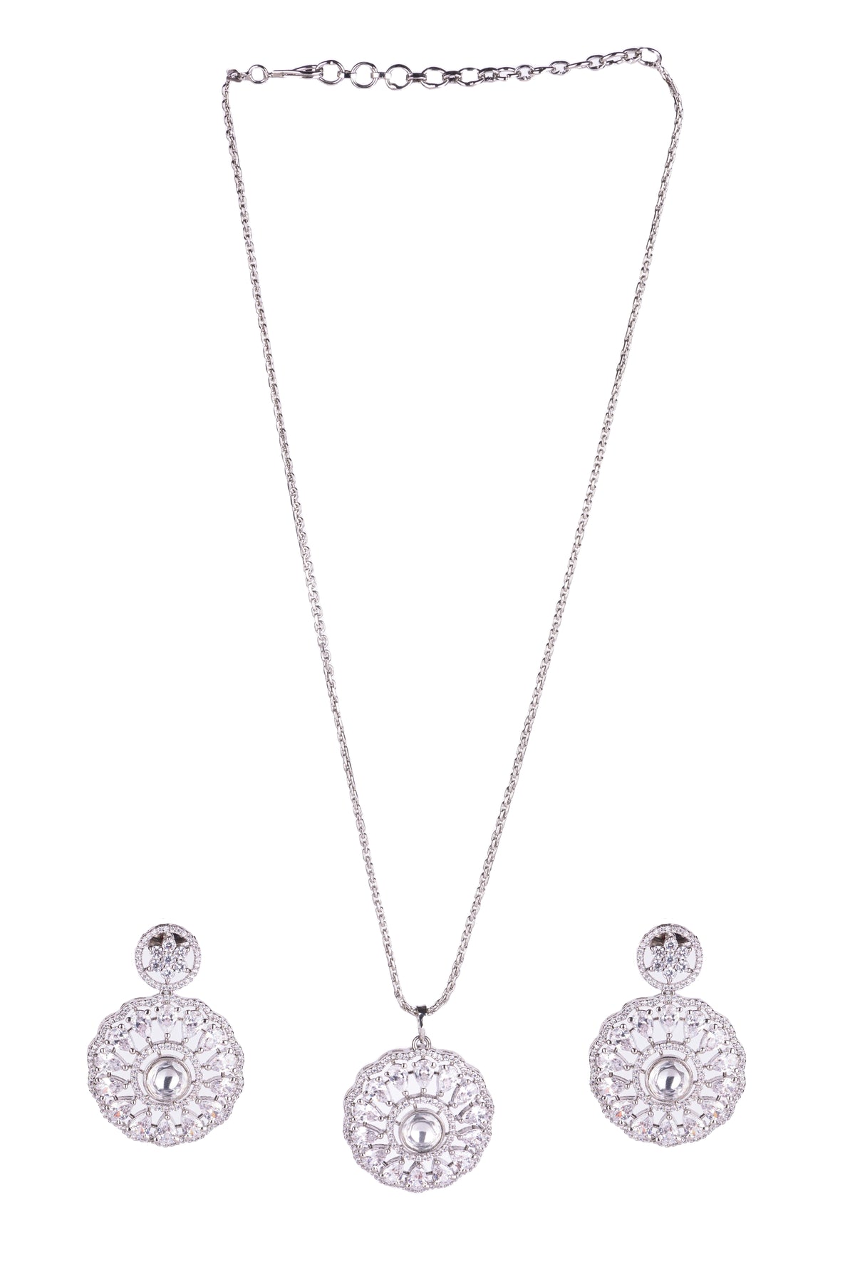 Silver-Tone Round Pendant Necklace & Earrings Set for Women