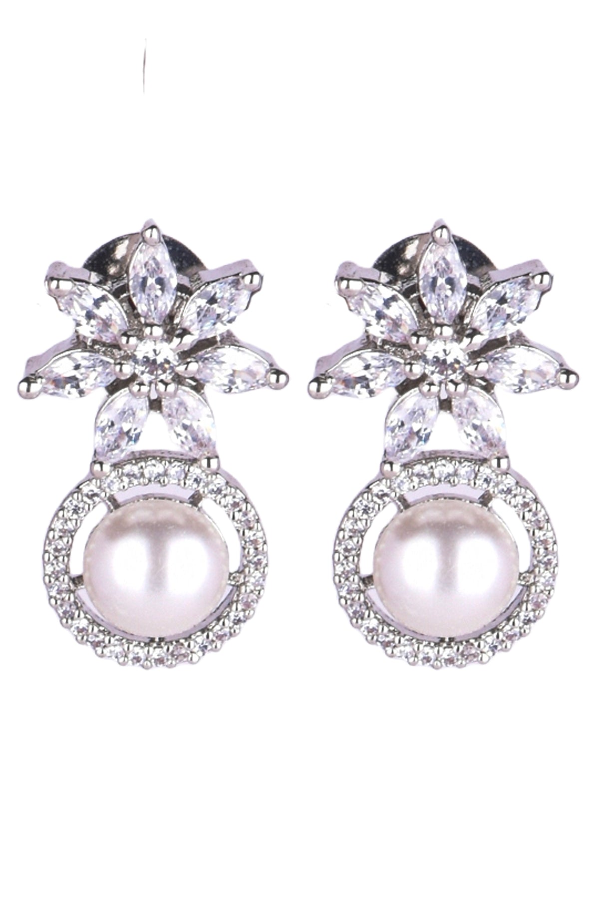Silver-Tone Floral Pearl Necklace & Earrings Set for Women
