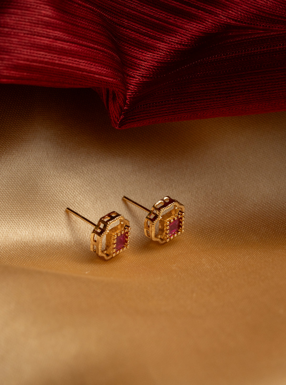 Gold-Tone Square Red Stone Stud Earrings for Women
