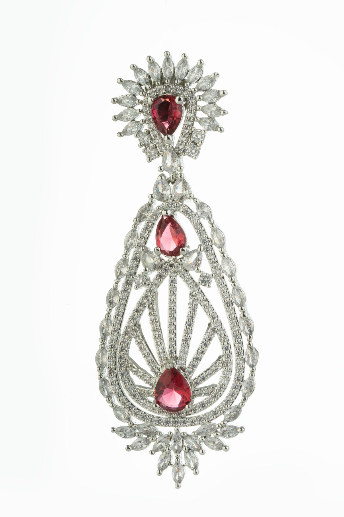 Silver-Tone Red Stone Teardrop Statement Earrings for Women