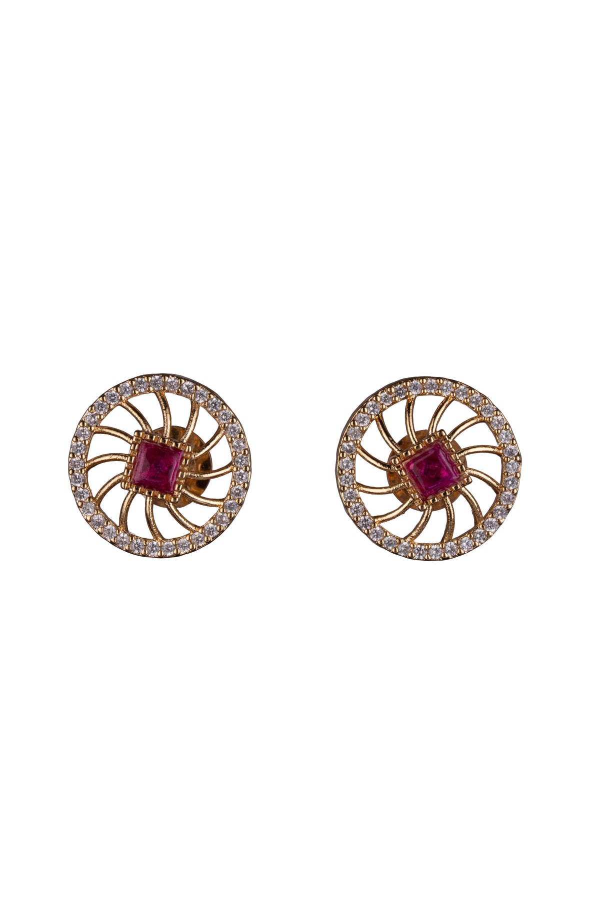 Gold-Tone Red Stone Round Stud Earrings for Women