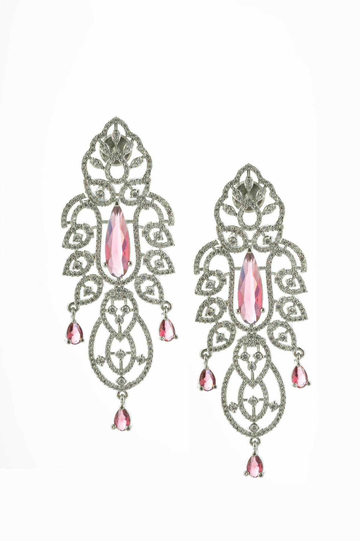 Silver-Tone Red Stone Long Drop Earrings for Women