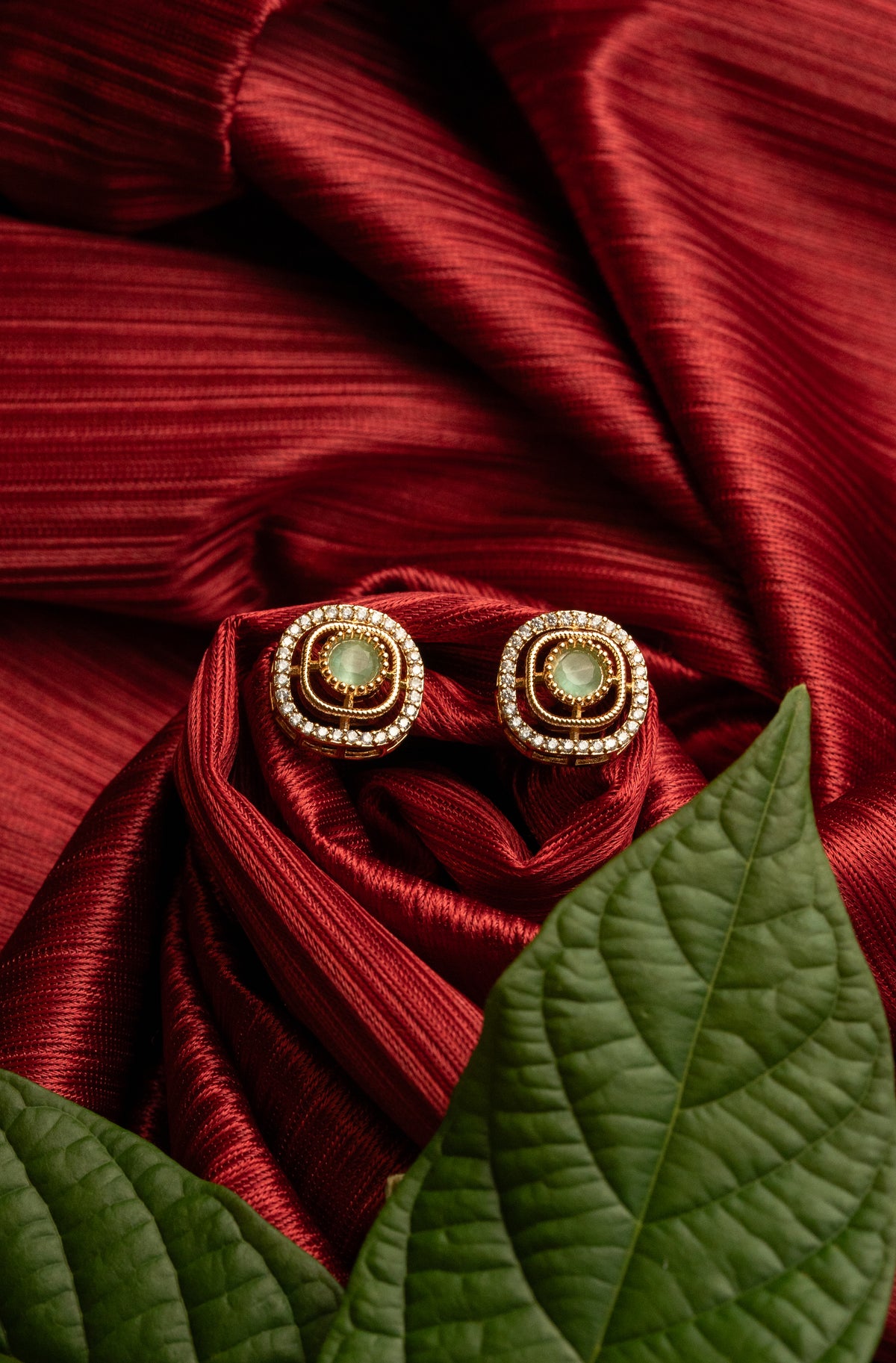 Green Round Gold-Tone Crystal Stud Earrings for Women
